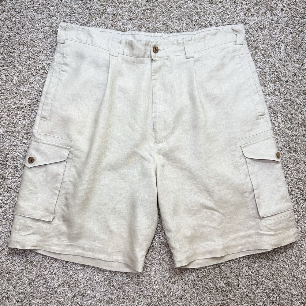 VTG Paradise Coves Mens 36 Beige 100% Linen Cargo Shorts Pleated Resort Safari